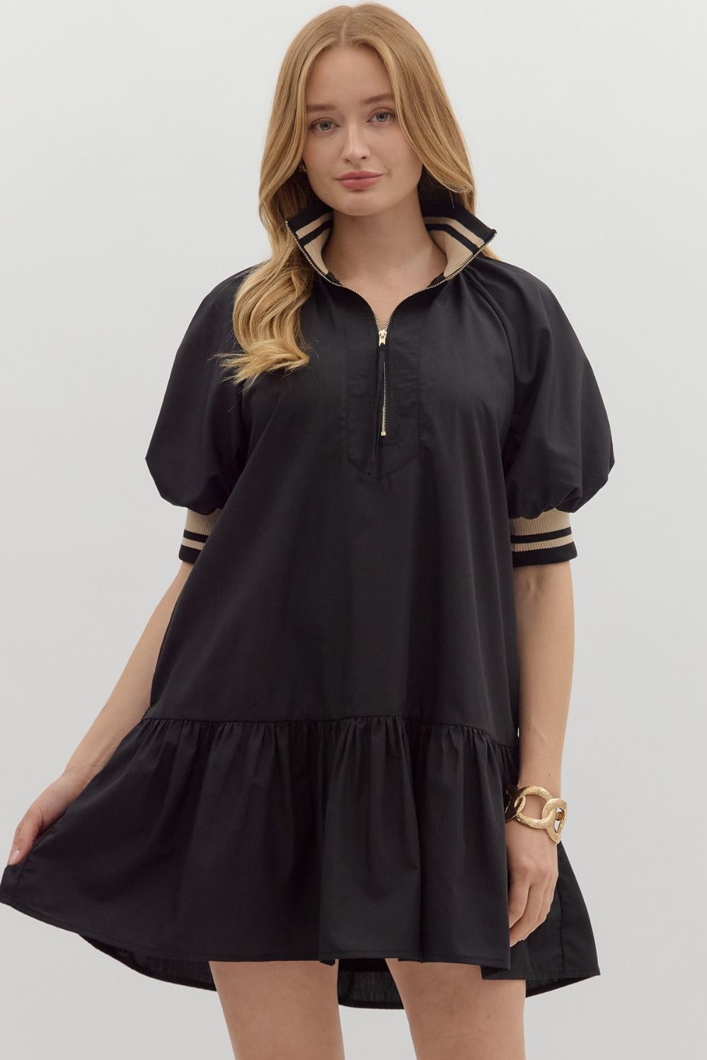 ENTRO INC Women's Dresses Solid Puff Sleeve Ruffle Hem Mini Dress