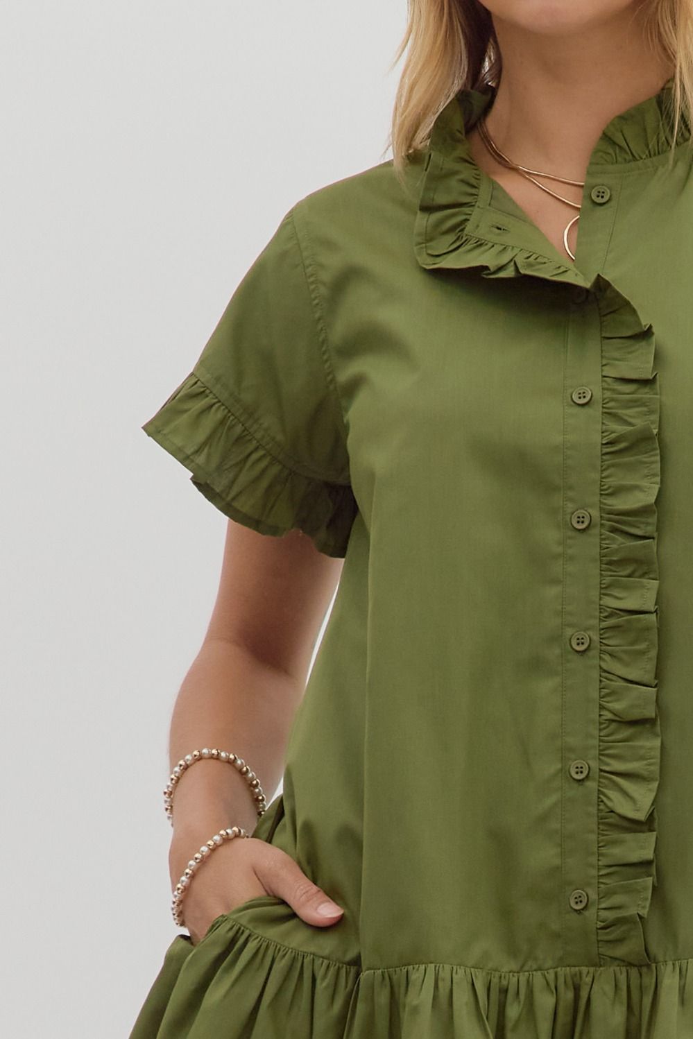 ENTRO INC Women's Dresses Solid Ruffle Accent Button Closure Ruffle Hem Mini Dress