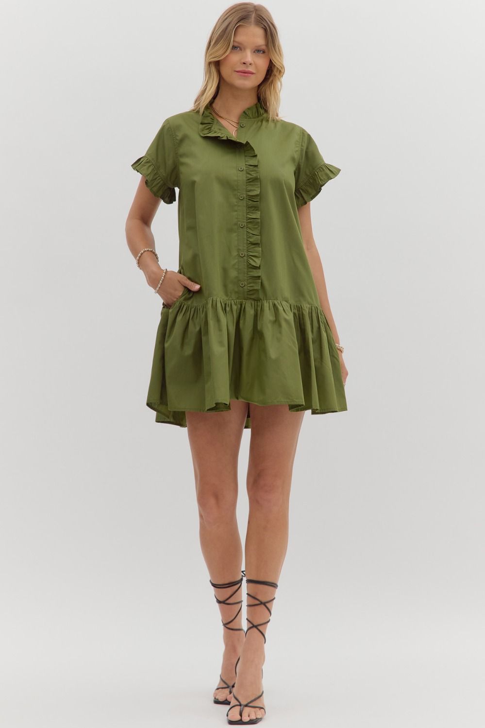 ENTRO INC Women's Dresses Solid Ruffle Accent Button Closure Ruffle Hem Mini Dress