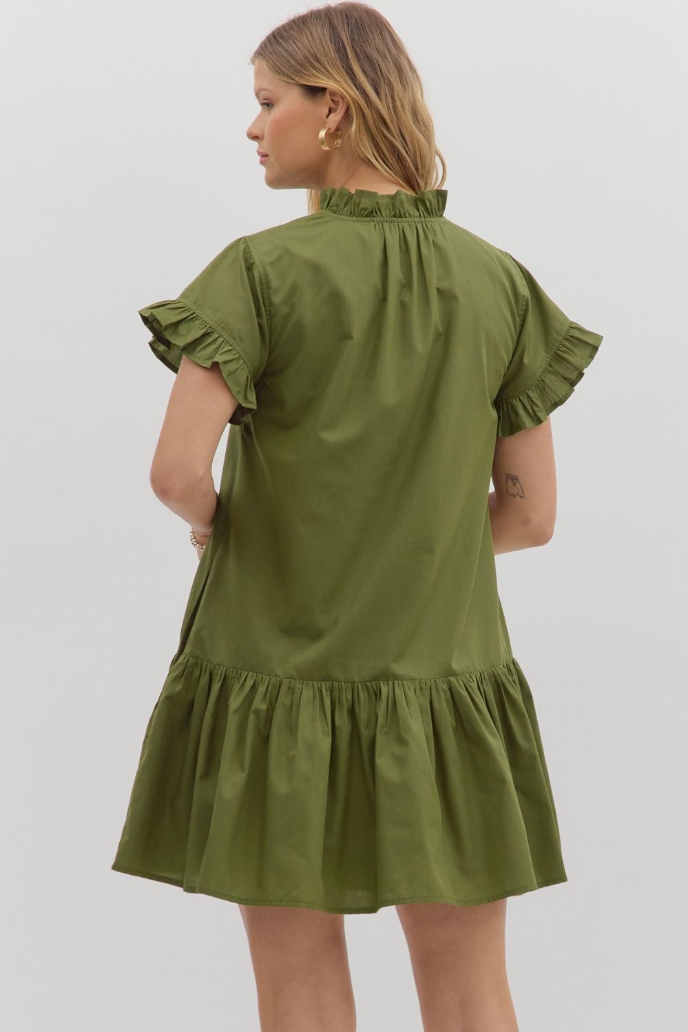 ENTRO INC Women's Dresses Solid Ruffle Accent Button Closure Ruffle Hem Mini Dress