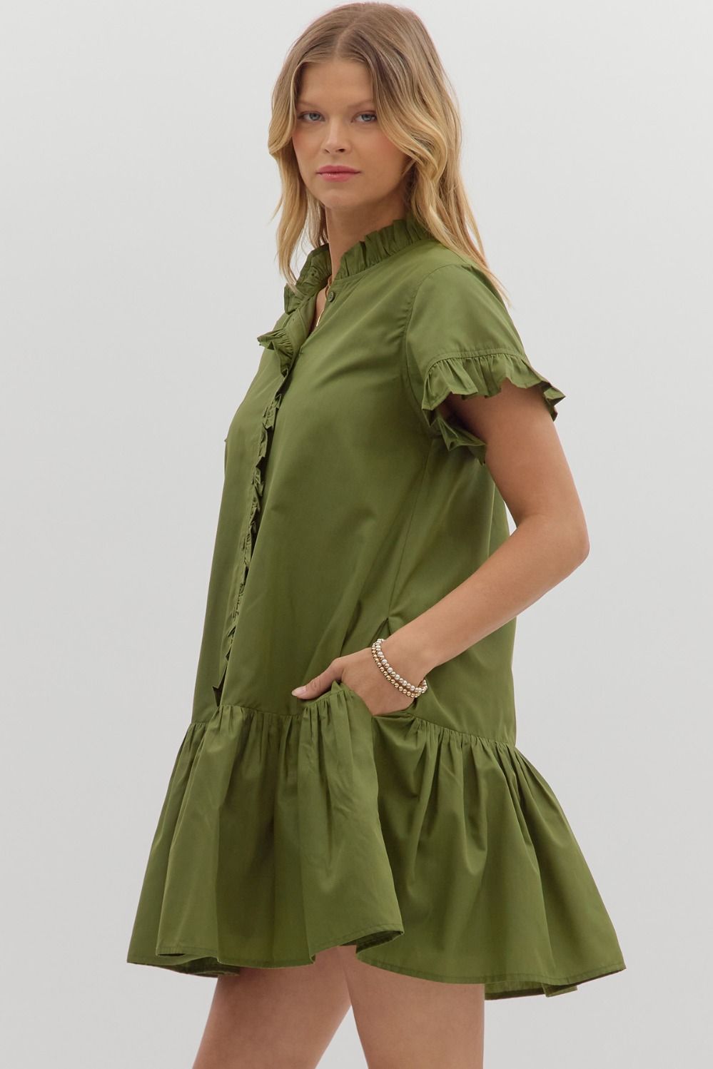 ENTRO INC Women's Dresses Solid Ruffle Accent Button Closure Ruffle Hem Mini Dress