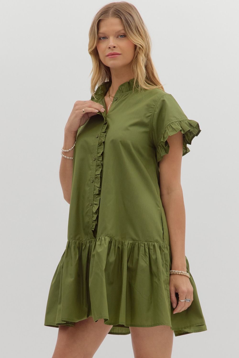 ENTRO INC Women's Dresses Solid Ruffle Accent Button Closure Ruffle Hem Mini Dress