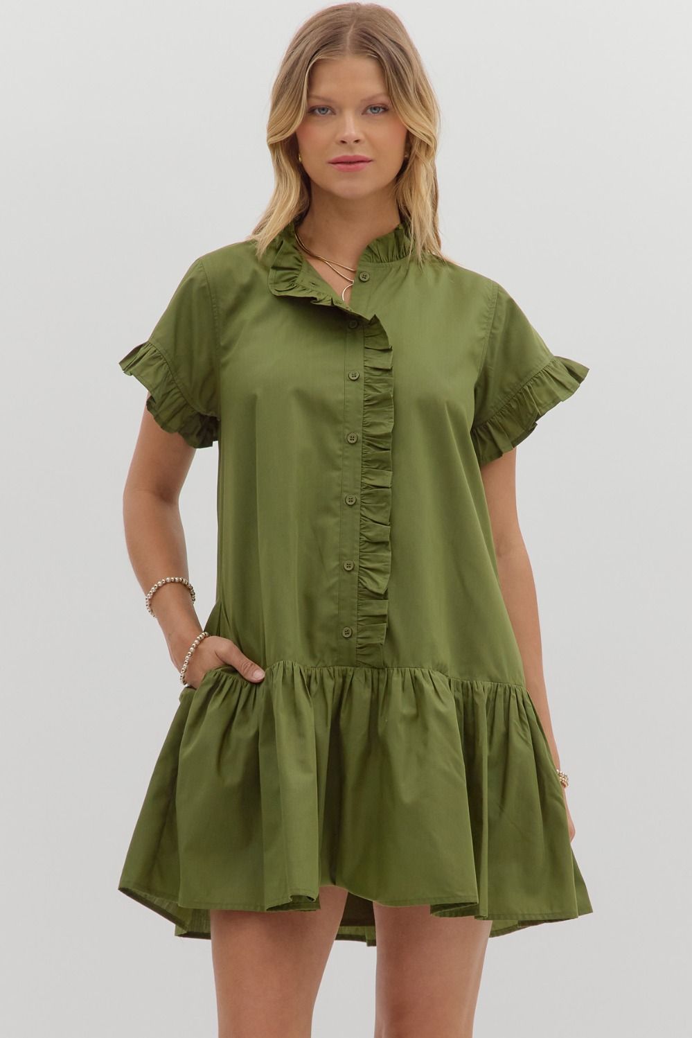 ENTRO INC Women's Dresses Solid Ruffle Accent Button Closure Ruffle Hem Mini Dress