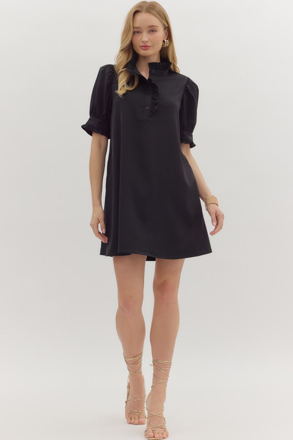 ENTRO INC Women's Dresses Solid Short Puff Sleeve Mini Dress || David's Clothing