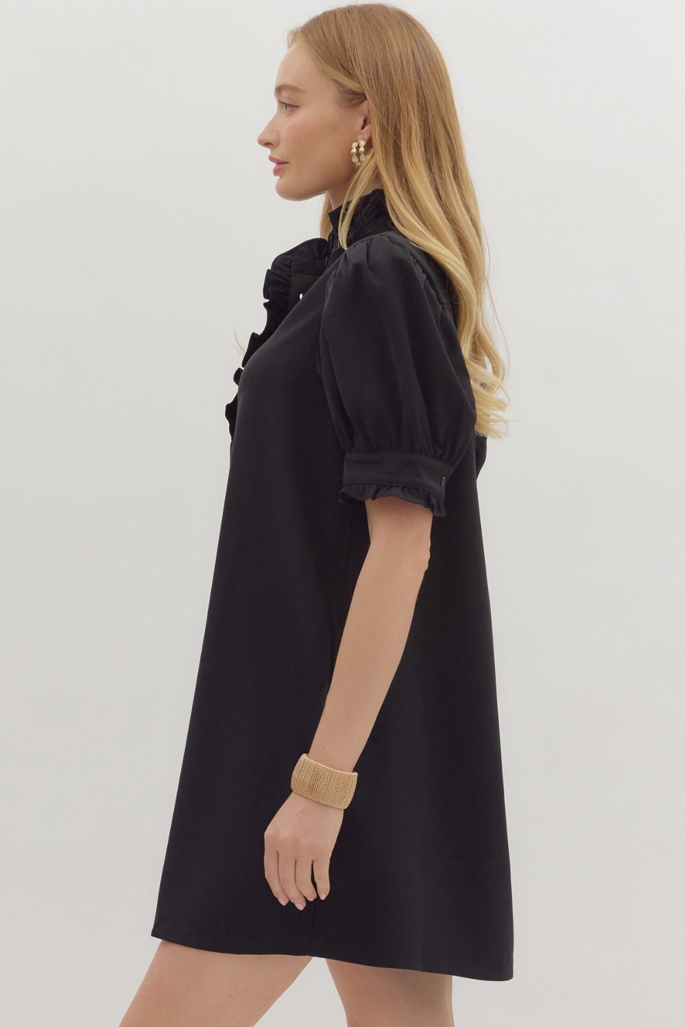 ENTRO INC Women's Dresses Solid Short Puff Sleeve Mini Dress || David's Clothing