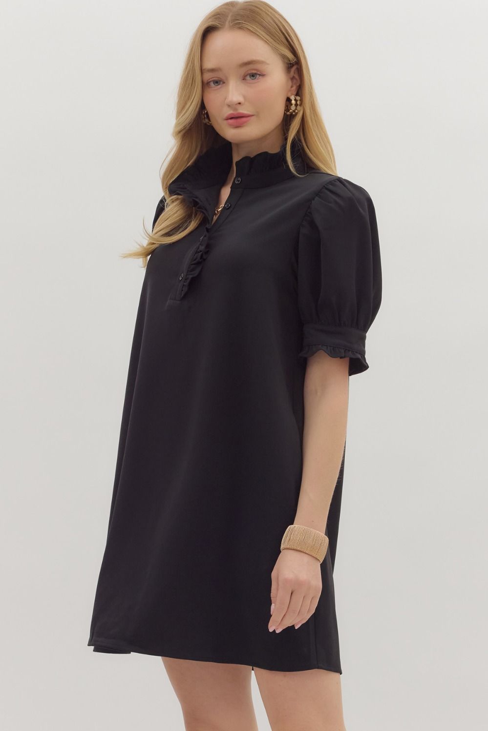 ENTRO INC Women's Dresses Solid Short Puff Sleeve Mini Dress || David's Clothing