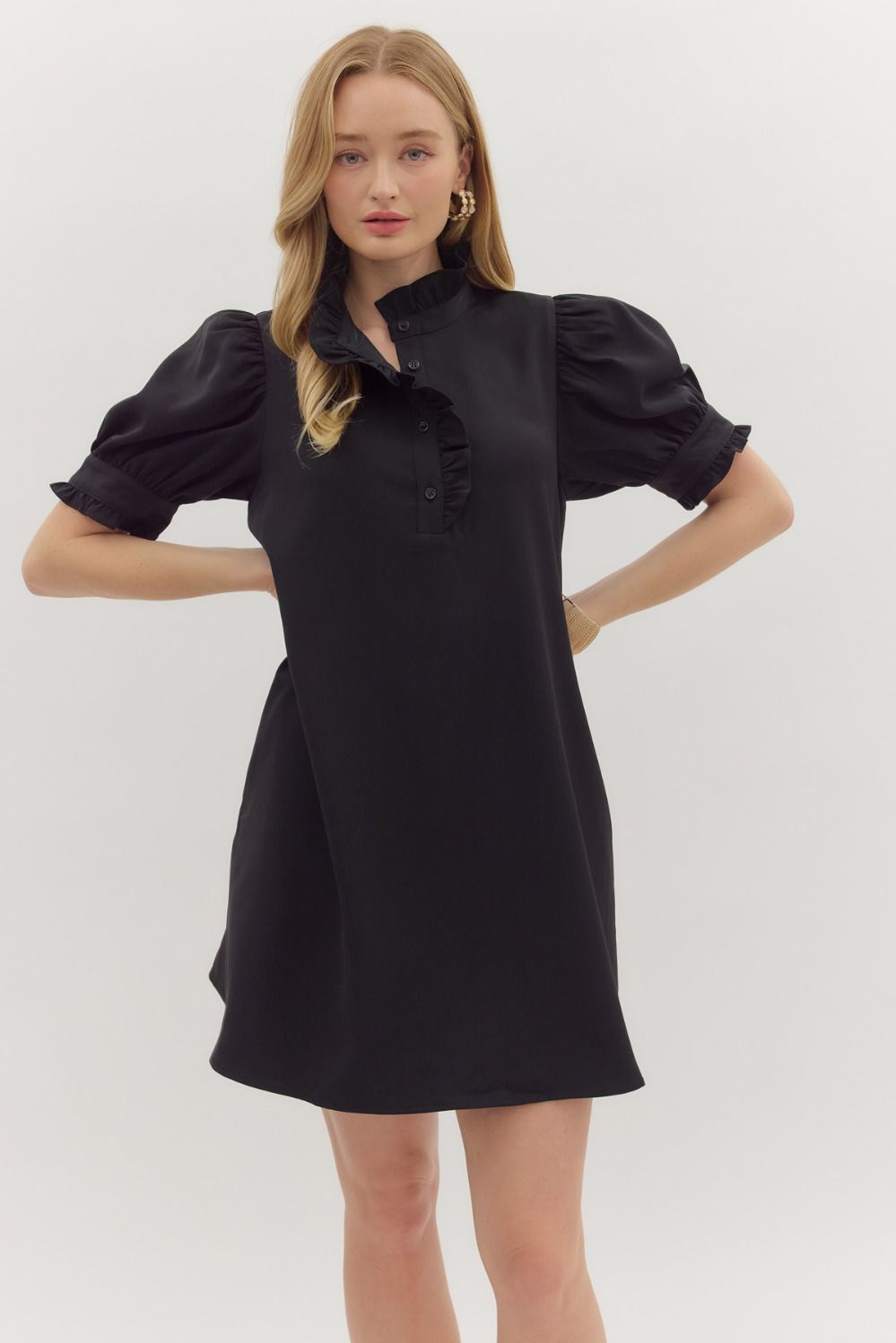 ENTRO INC Women's Dresses Solid Short Puff Sleeve Mini Dress || David's Clothing