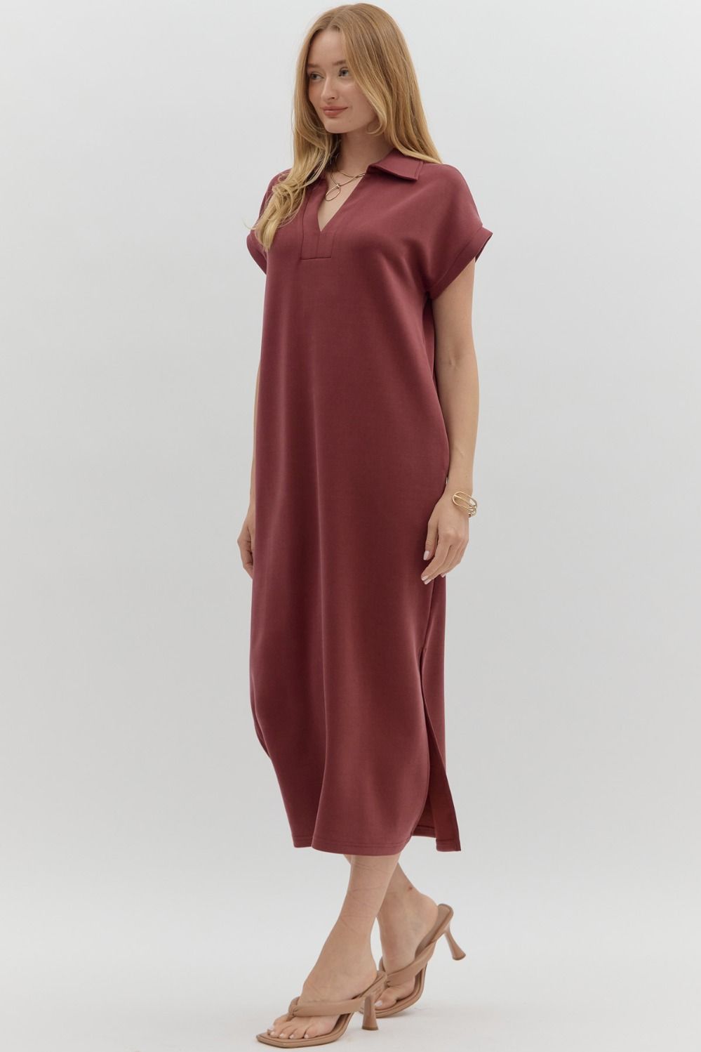 ENTRO INC Women's Dresses Solid Split Collar Scuba Midi Dress