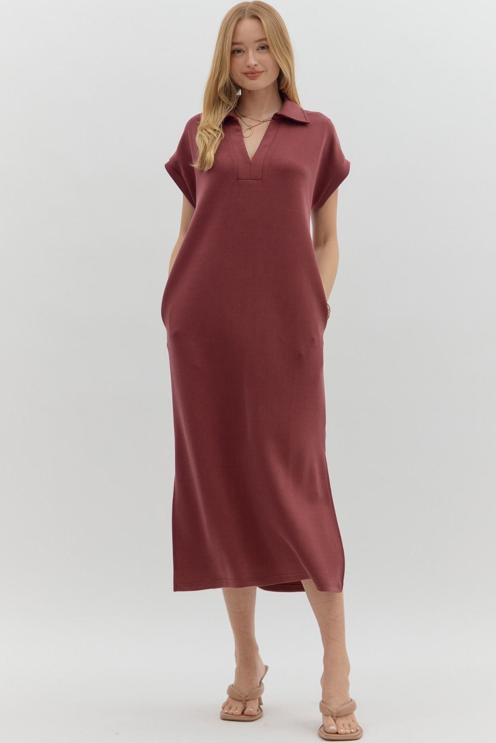 ENTRO INC Women's Dresses Solid Split Collar Scuba Midi Dress