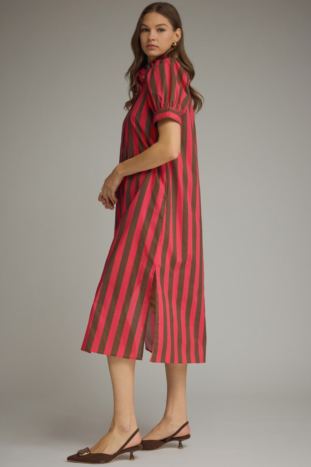 ENTRO INC Women's Dresses Stripe Print Short Puff Sleeve Midi Dress