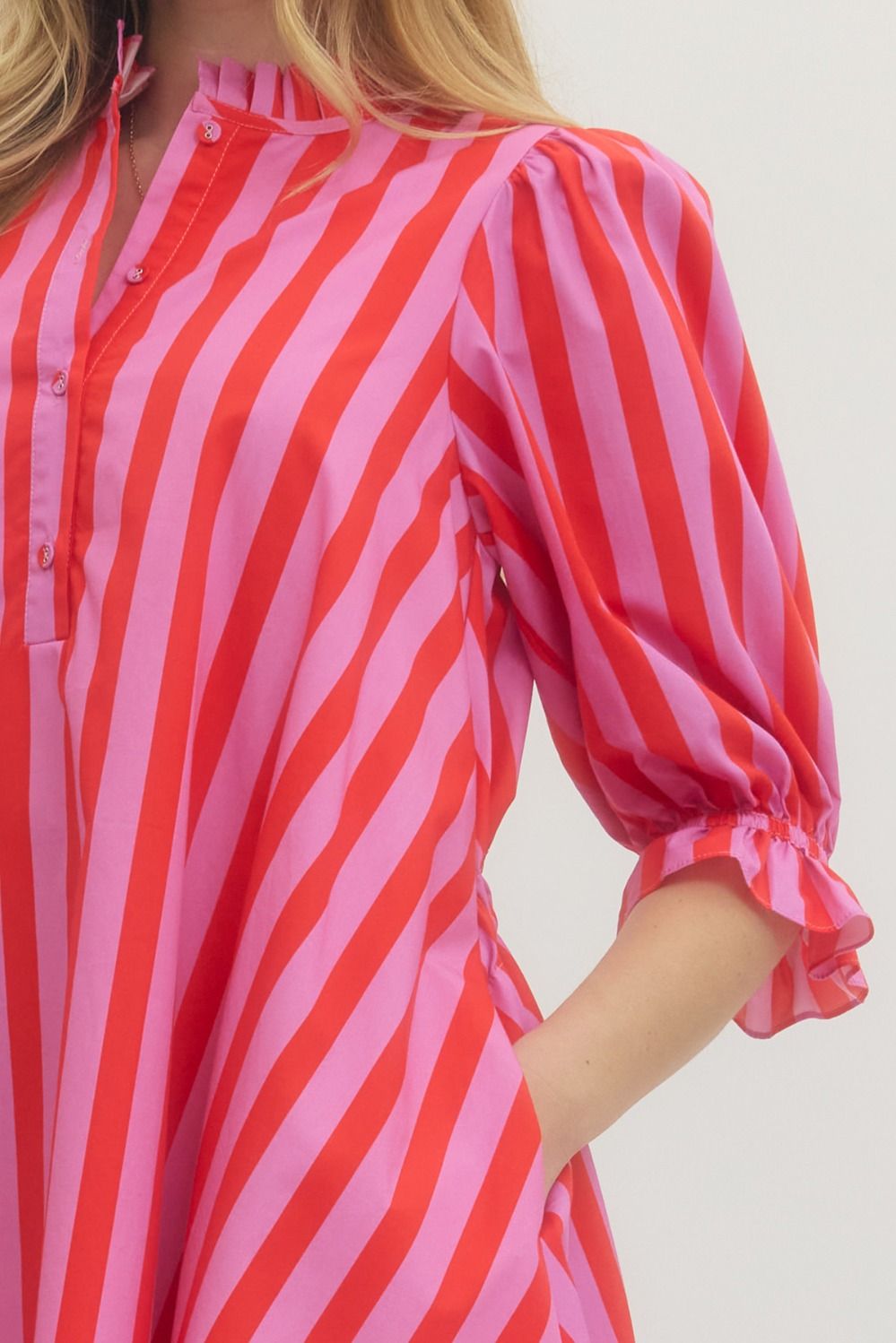ENTRO INC Women's Dresses Striped 3/4 Puff Sleeve Mini Dress