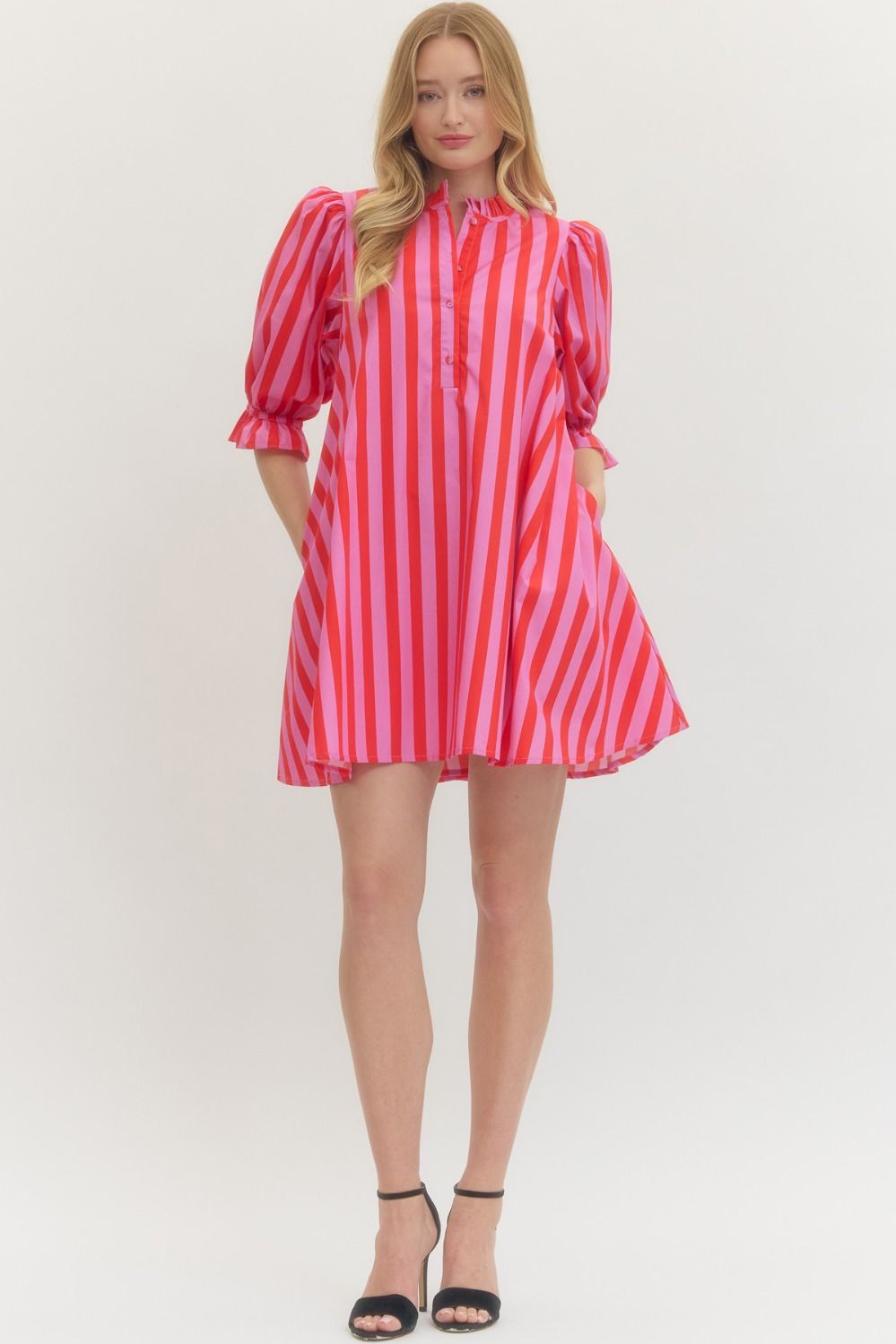ENTRO INC Women's Dresses Striped 3/4 Puff Sleeve Mini Dress