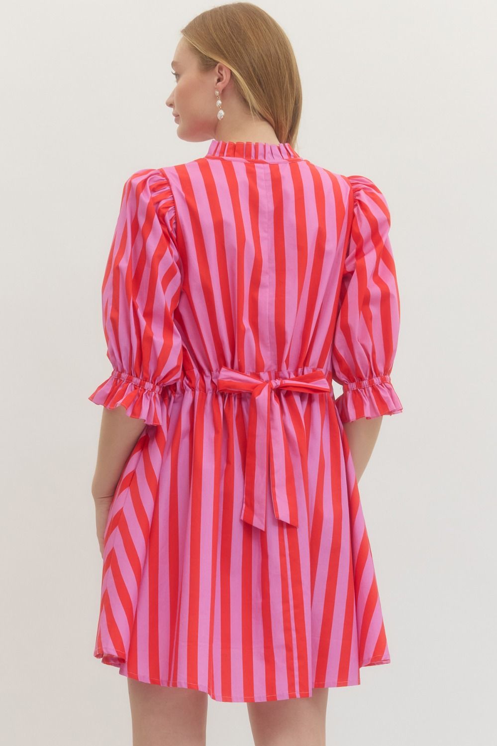 ENTRO INC Women's Dresses Striped 3/4 Puff Sleeve Mini Dress