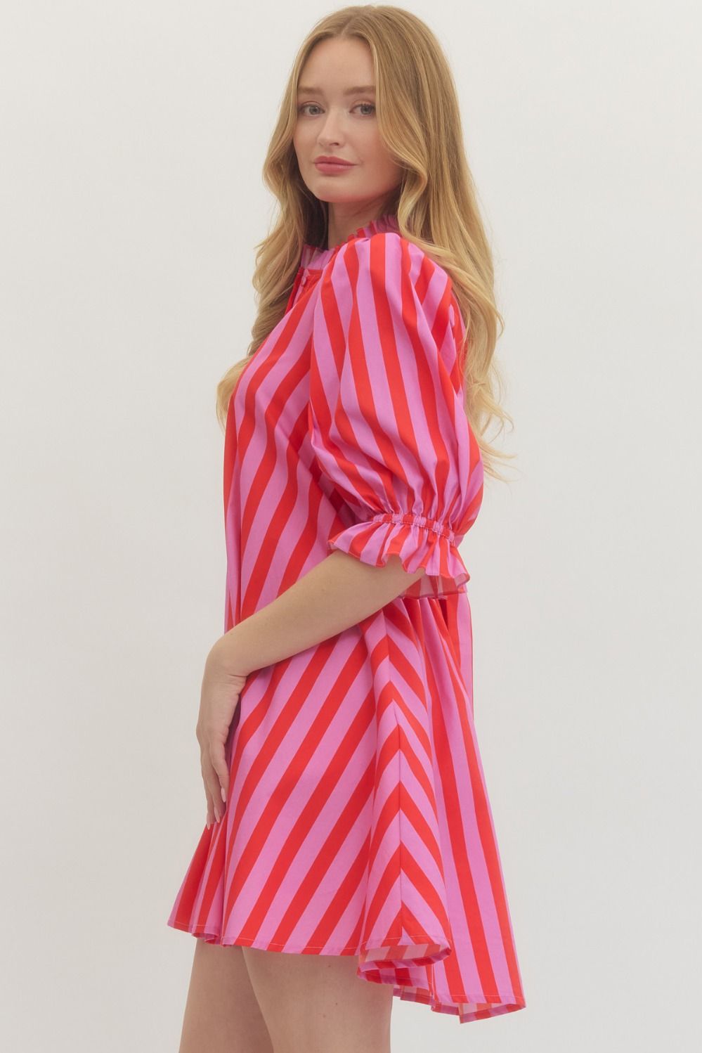 ENTRO INC Women's Dresses Striped 3/4 Puff Sleeve Mini Dress