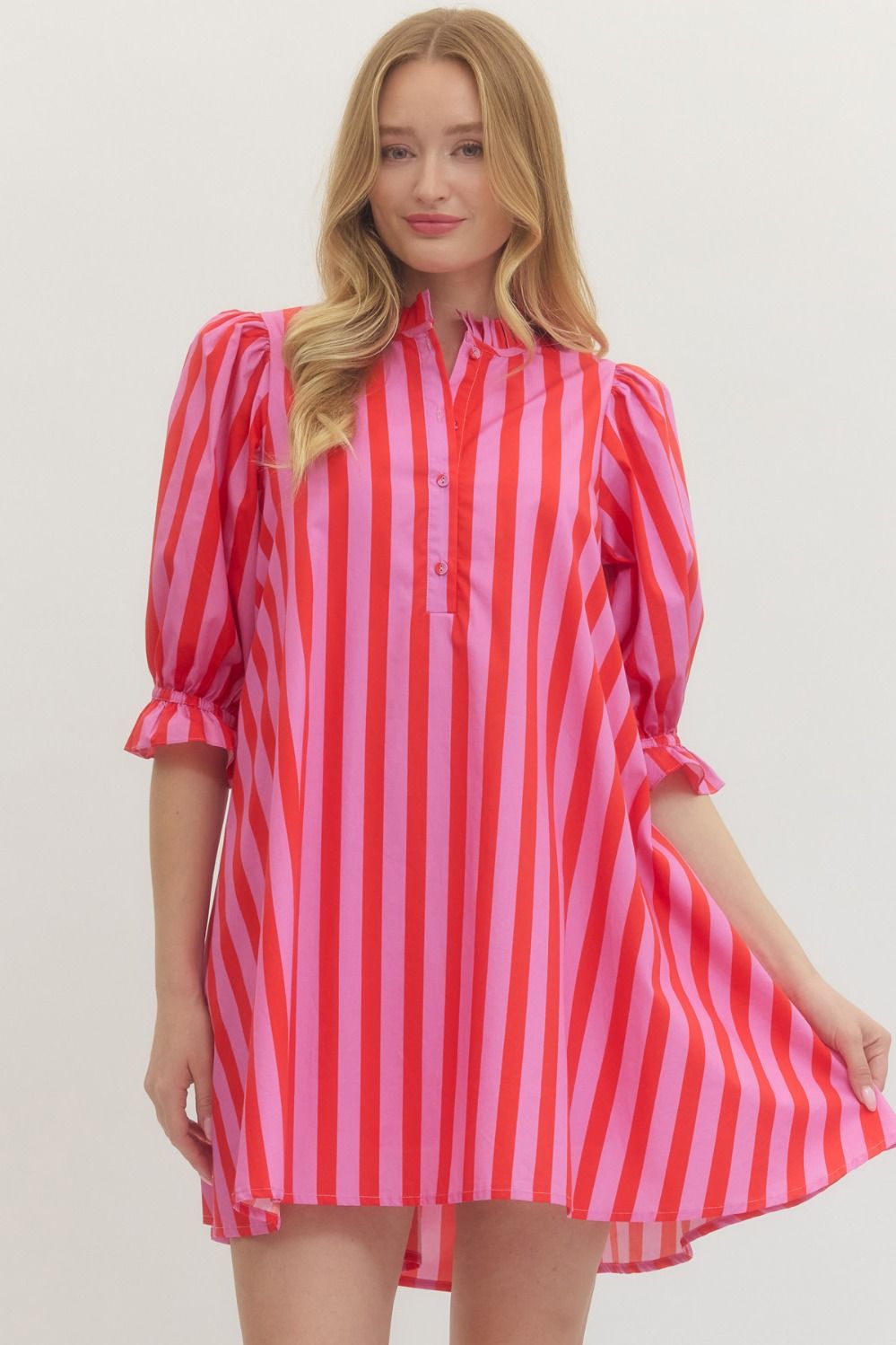 ENTRO INC Women's Dresses Striped 3/4 Puff Sleeve Mini Dress