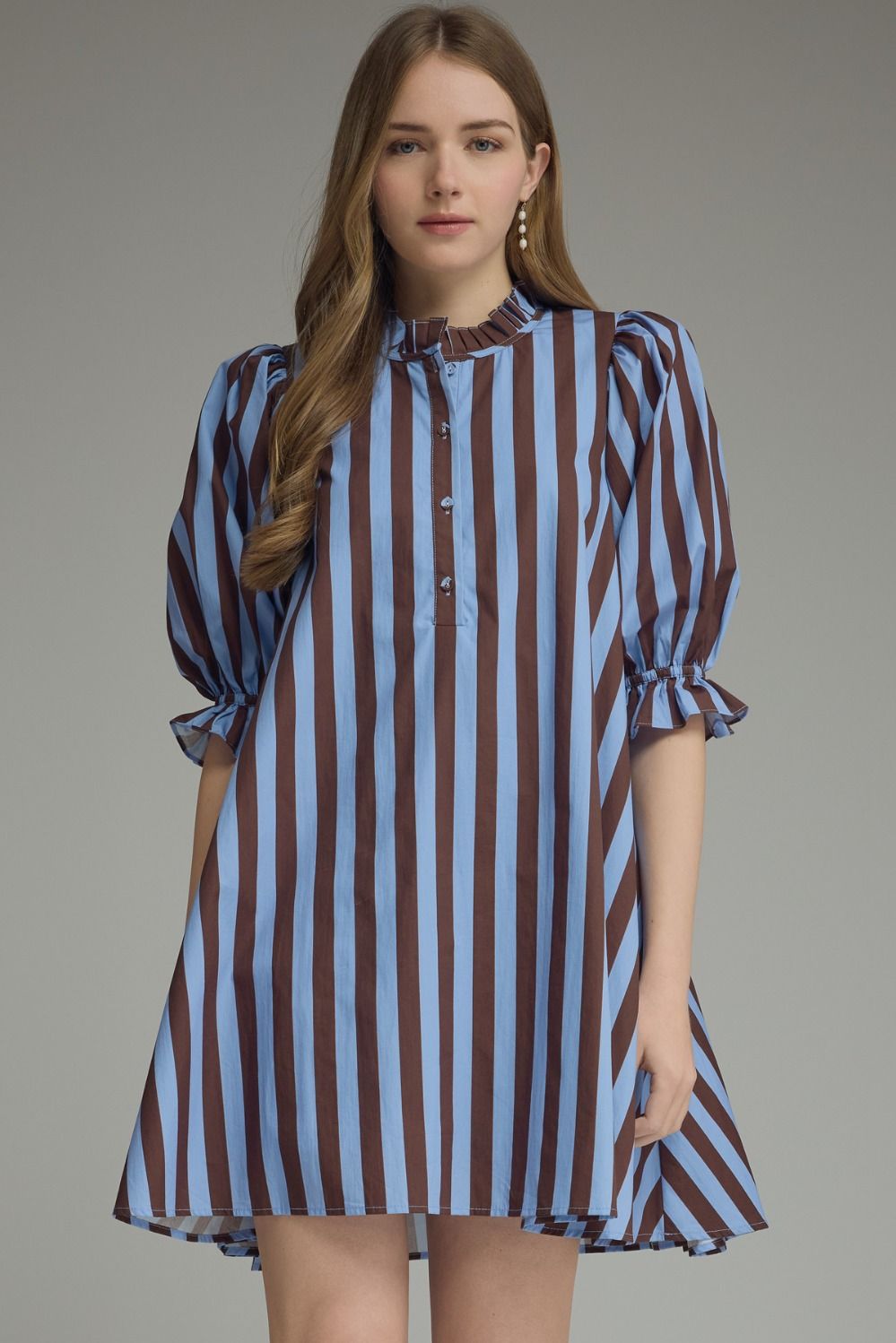 ENTRO INC Women's Dresses Striped 3/4 Puff Sleeve Mini Dress
