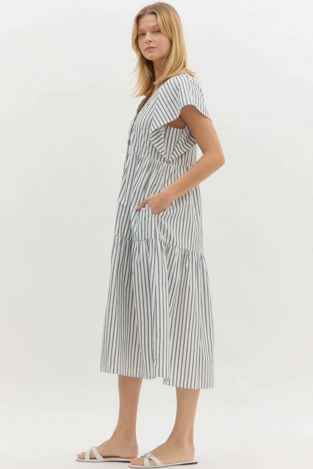 ENTRO INC Women's Dresses Striped Flutter Button Sleeve Midi Dress || David's Clothing