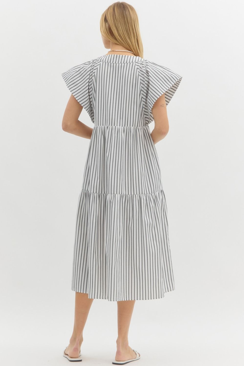 ENTRO INC Women's Dresses Striped Flutter Button Sleeve Midi Dress || David's Clothing