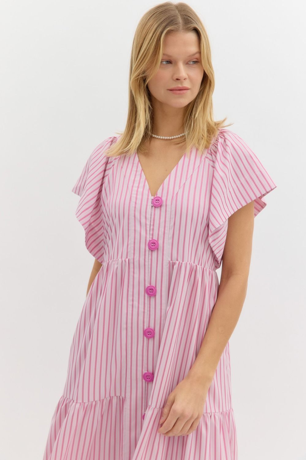 ENTRO INC Women's Dresses Striped Flutter Button Sleeve Midi Dress || David's Clothing