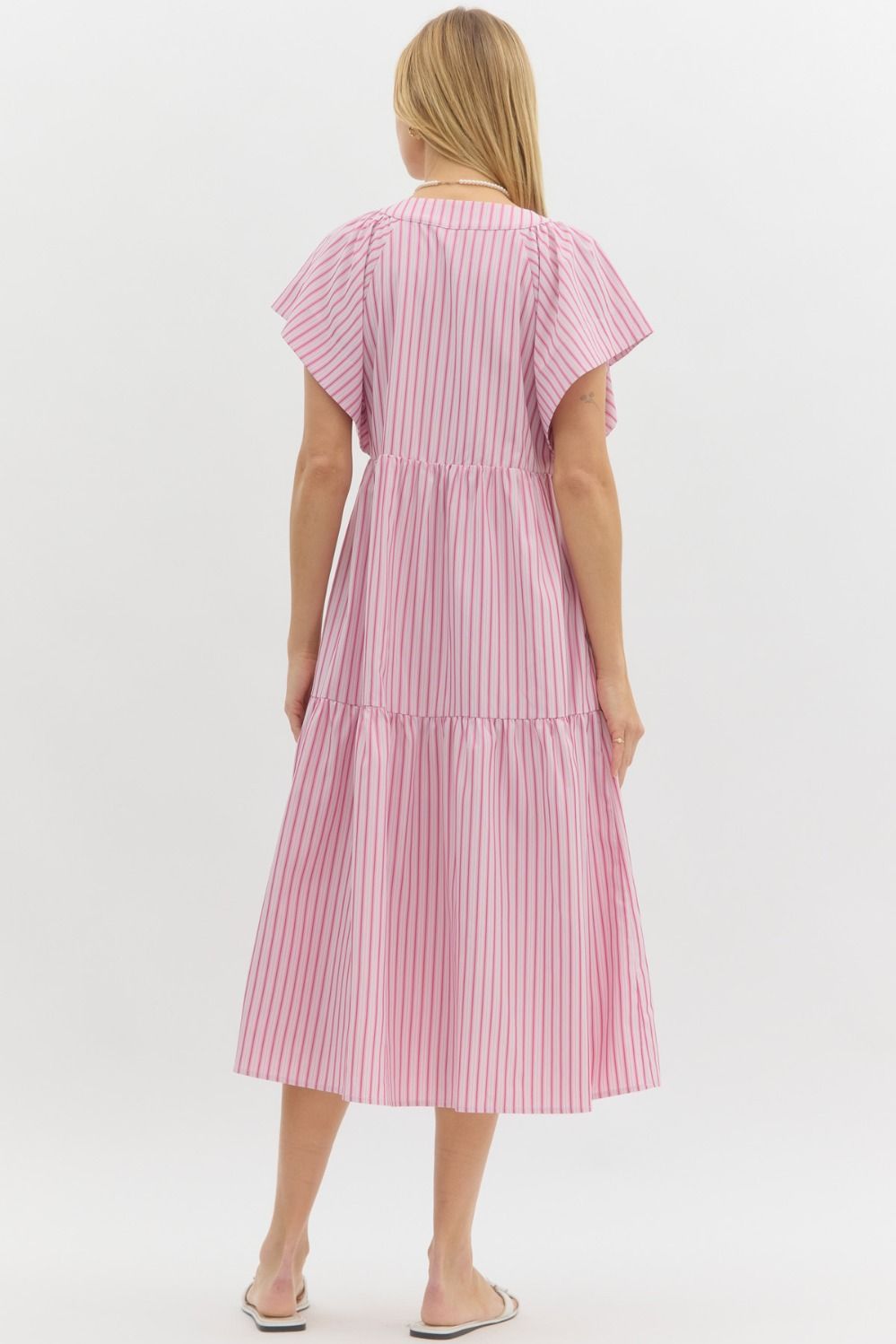 ENTRO INC Women's Dresses Striped Flutter Button Sleeve Midi Dress || David's Clothing