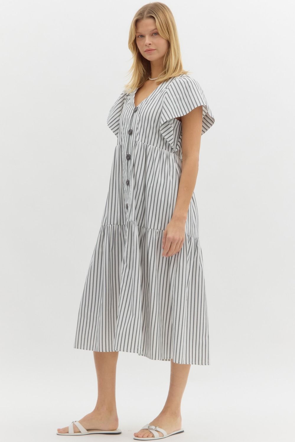 ENTRO INC Women's Dresses Striped Flutter Button Sleeve Midi Dress || David's Clothing