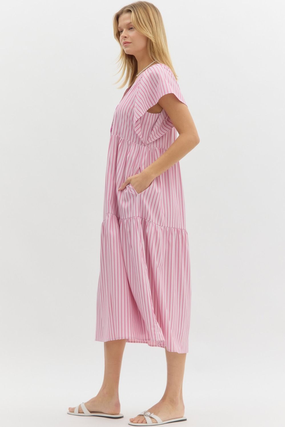 ENTRO INC Women's Dresses Striped Flutter Button Sleeve Midi Dress || David's Clothing