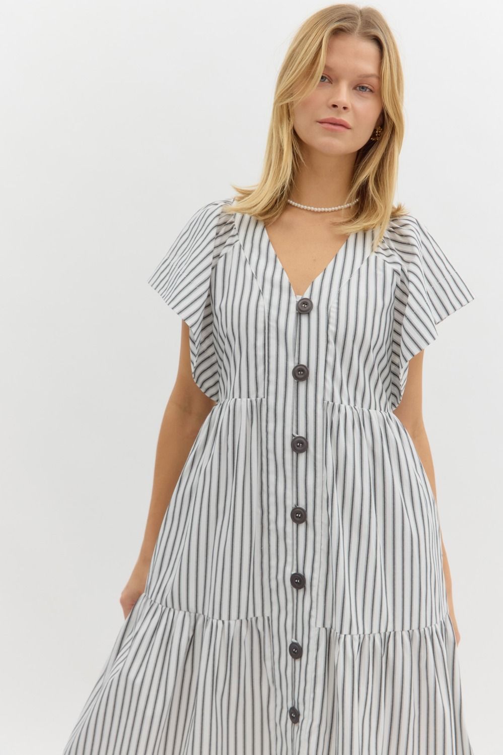ENTRO INC Women's Dresses Striped Flutter Button Sleeve Midi Dress || David's Clothing