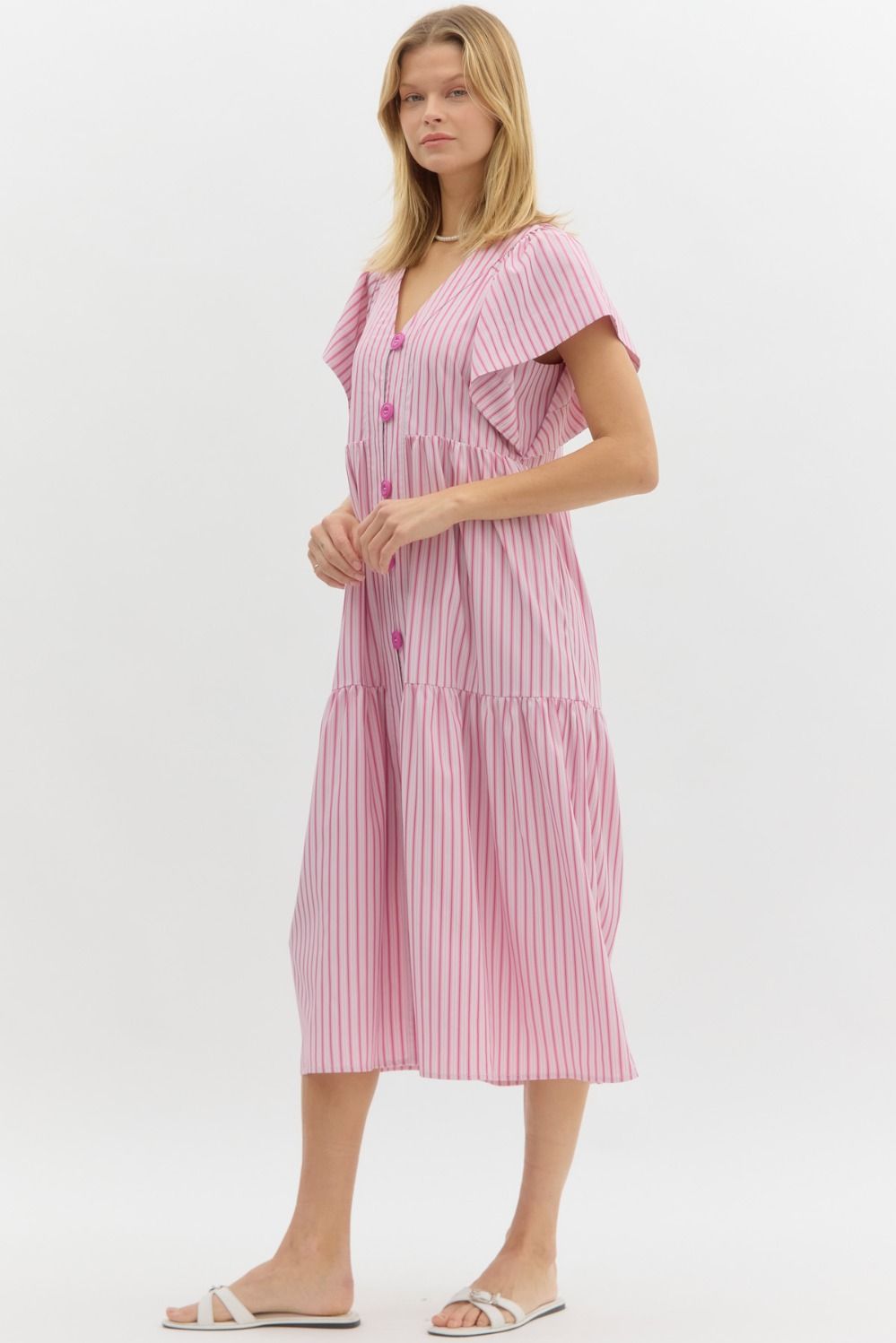 ENTRO INC Women's Dresses PINK / S Striped Flutter Button Sleeve Midi Dress || David's Clothing D25665