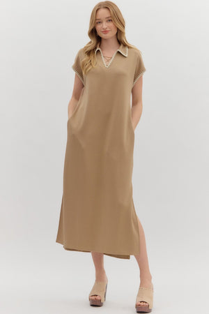 ENTRO INC Women's Dresses TAN / S Solid Jersey Spread Collar Short Sleeve Side Slit Pullover Midi Dress D28108