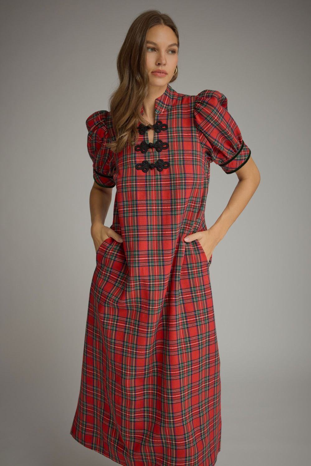 ENTRO INC Women's Dresses Tartan Plaid Short Puff Sleeve Midi Dress