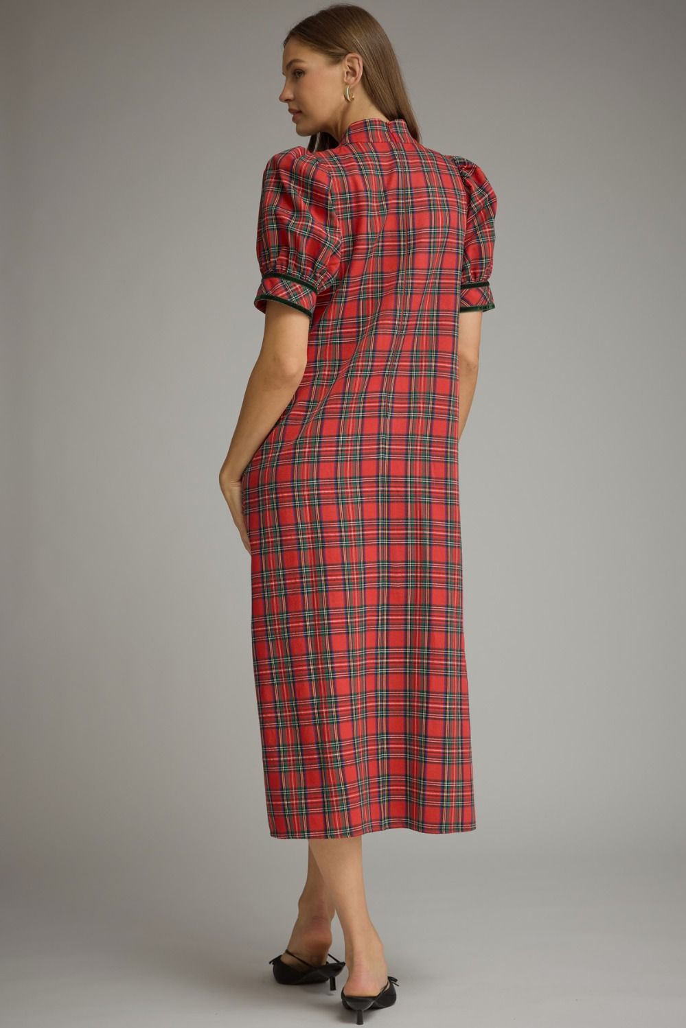 ENTRO INC Women's Dresses Tartan Plaid Short Puff Sleeve Midi Dress