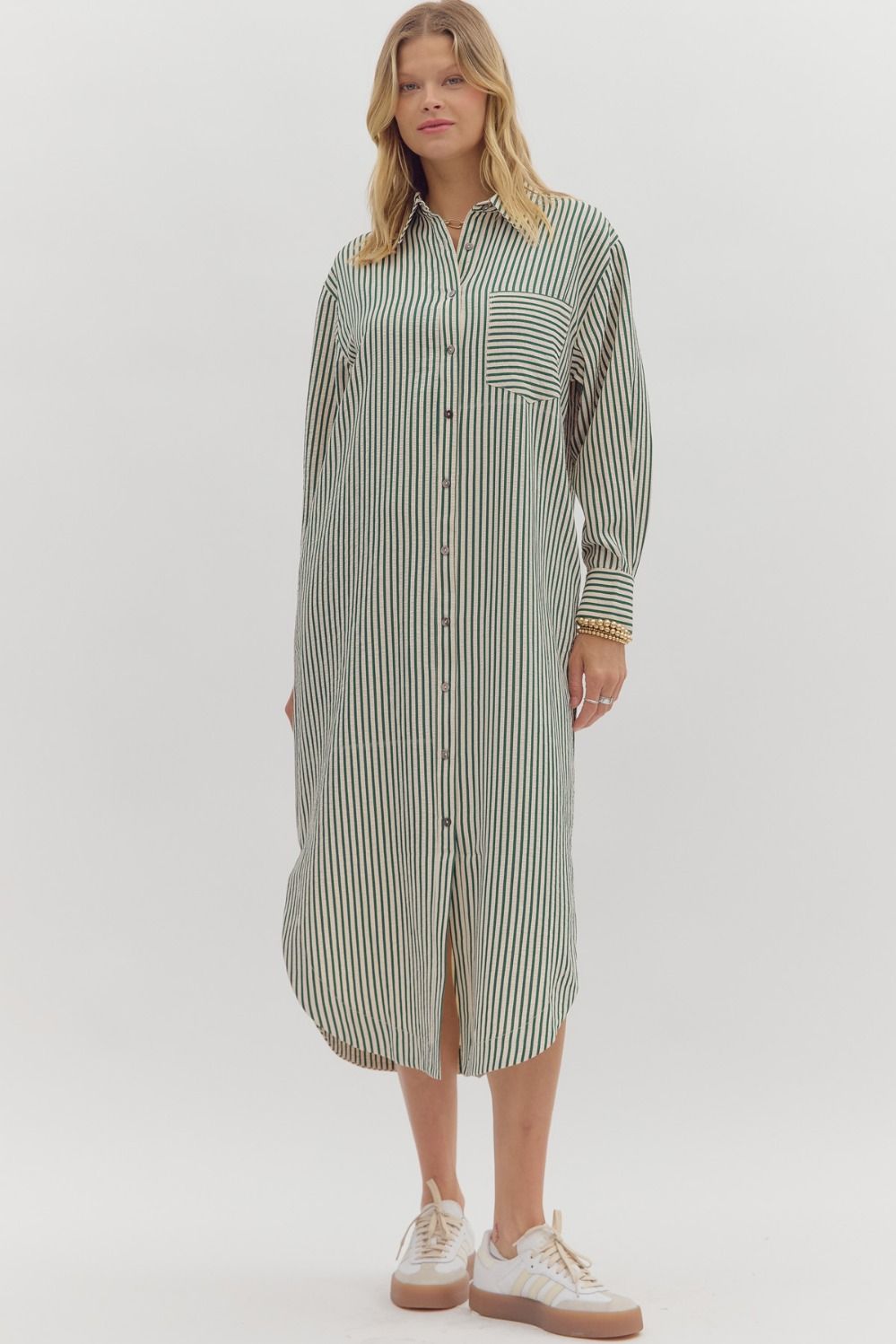 ENTRO INC Women's Dresses Textured Stripe Pattern Long Sleeve Midi Shirt Dress