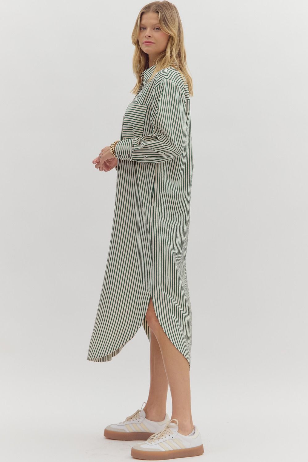 ENTRO INC Women's Dresses Textured Stripe Pattern Long Sleeve Midi Shirt Dress