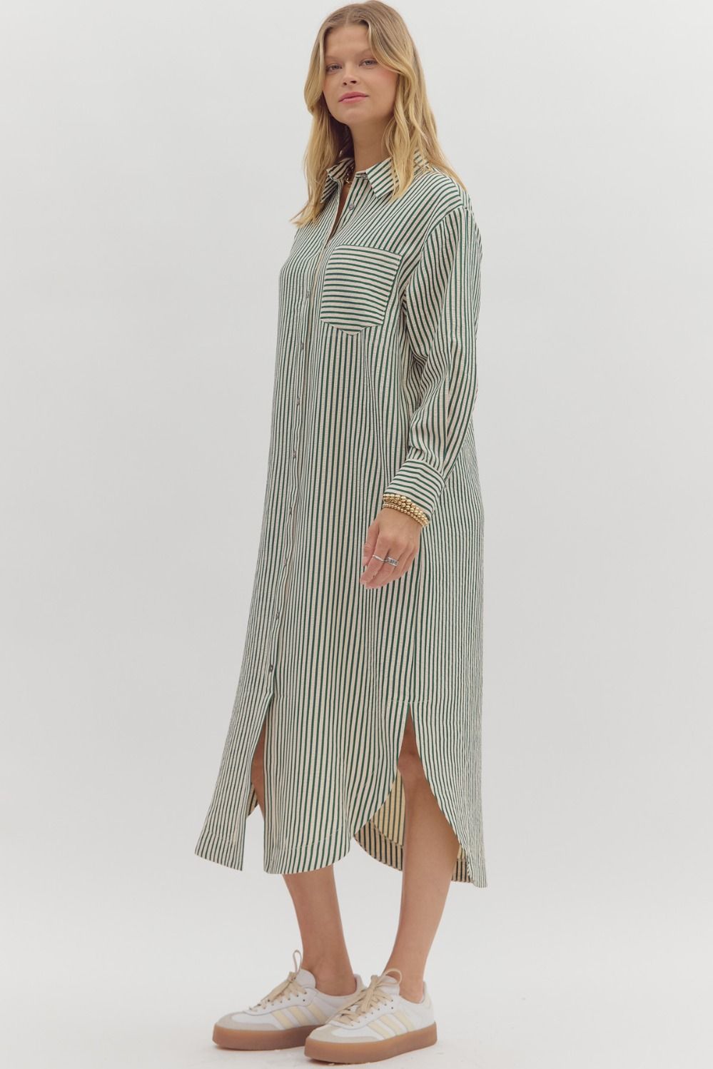 ENTRO INC Women's Dresses Textured Stripe Pattern Long Sleeve Midi Shirt Dress