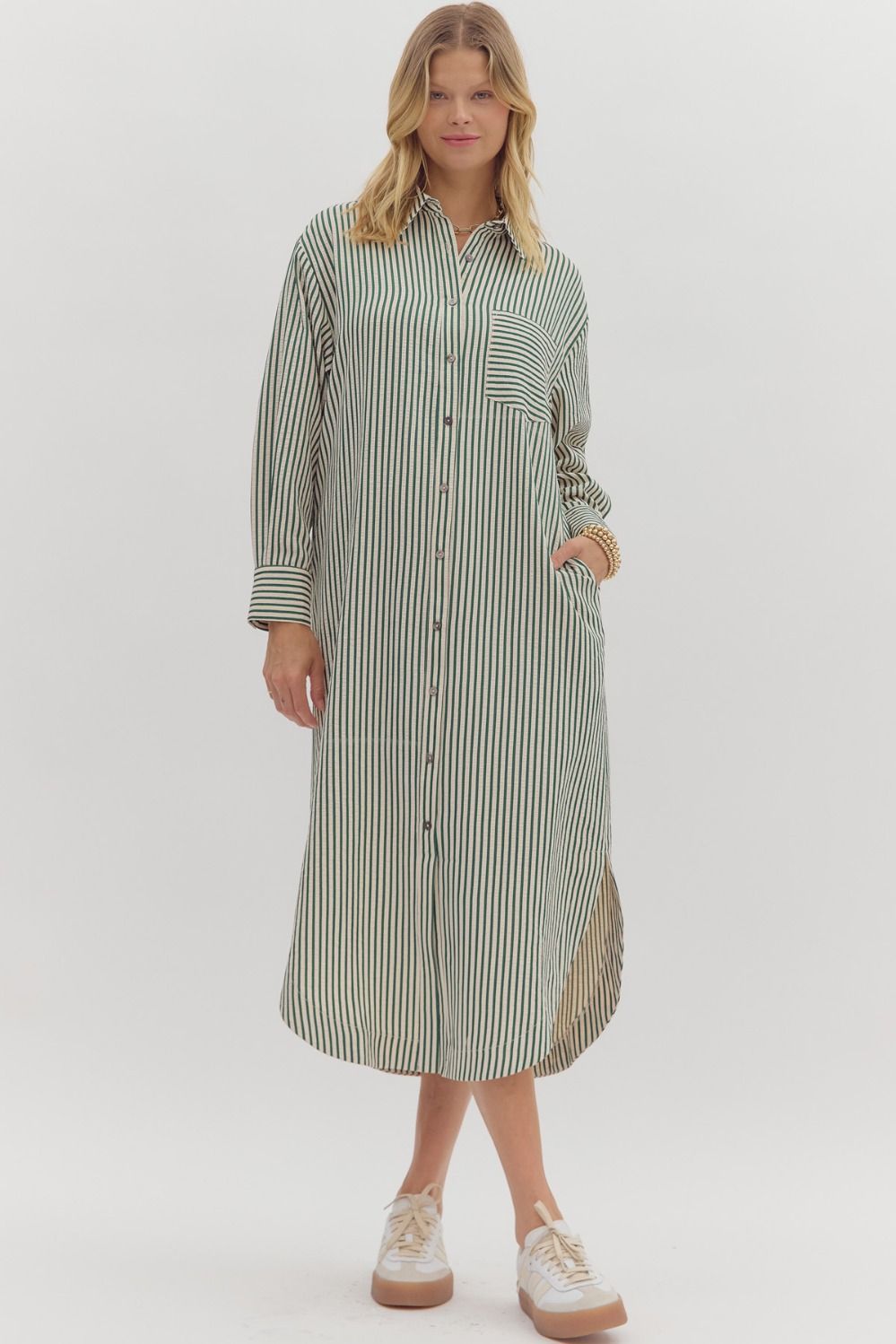 ENTRO INC Women's Dresses Textured Stripe Pattern Long Sleeve Midi Shirt Dress