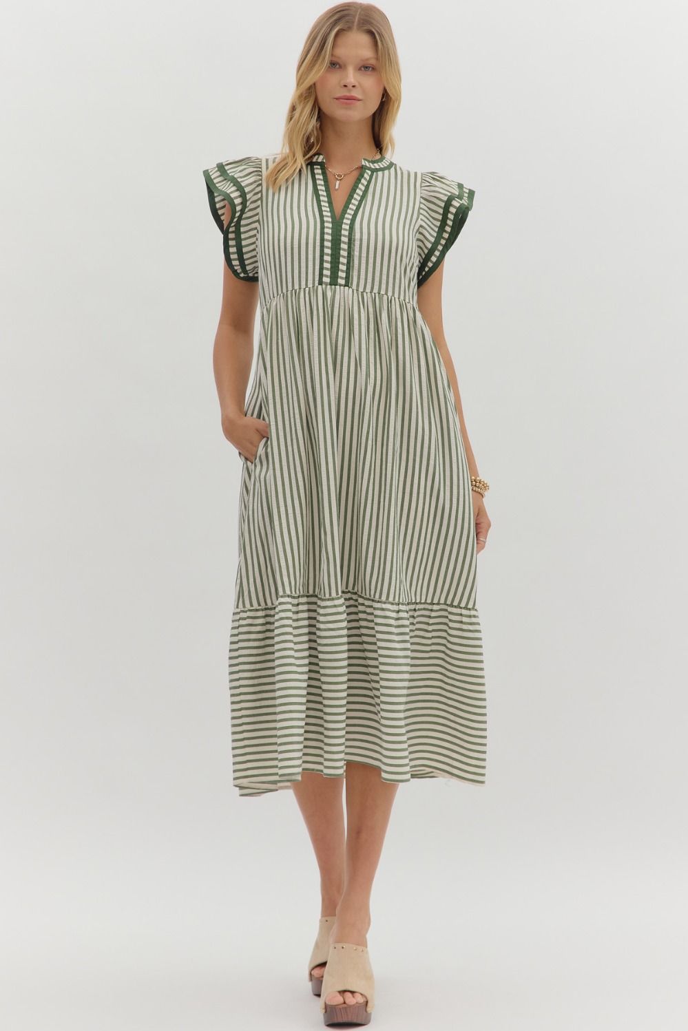 ENTRO INC Women's Dresses Textured Stripe Pattern Tiered Ruffle Flutter Sleeve Dress