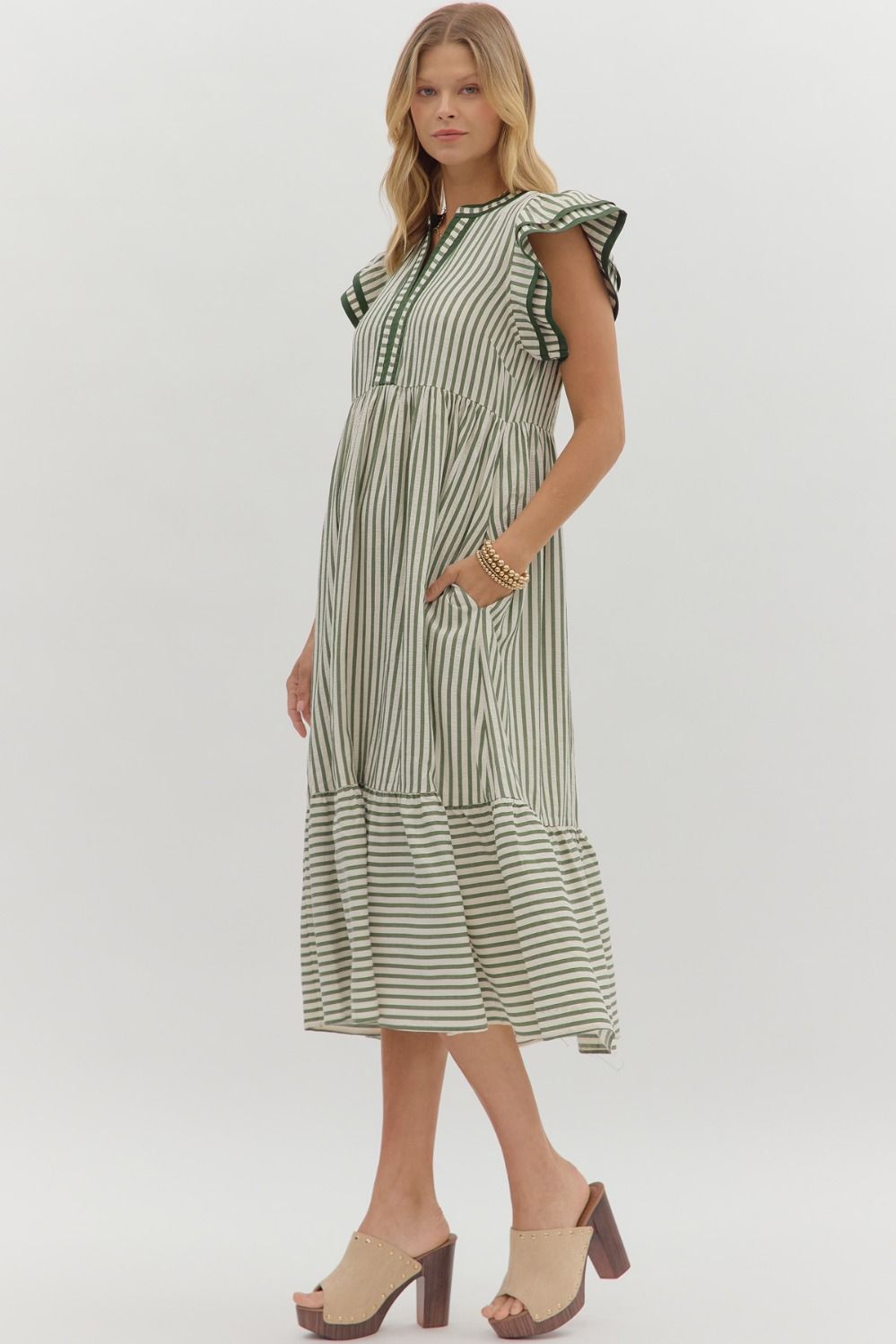 ENTRO INC Women's Dresses Textured Stripe Pattern Tiered Ruffle Flutter Sleeve Dress