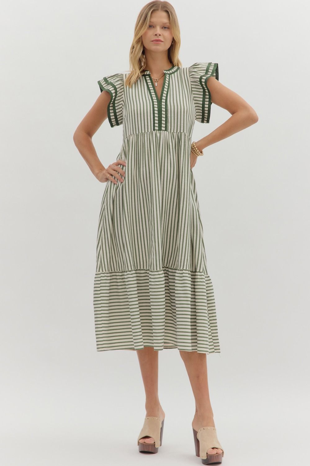 ENTRO INC Women's Dresses Textured Stripe Pattern Tiered Ruffle Flutter Sleeve Dress