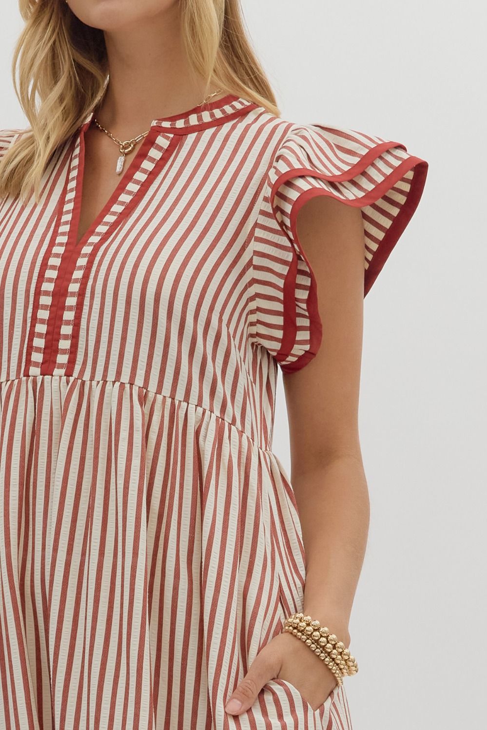 ENTRO INC Women's Dresses Textured Stripe Tiered Ruffle Flutter Sleeve