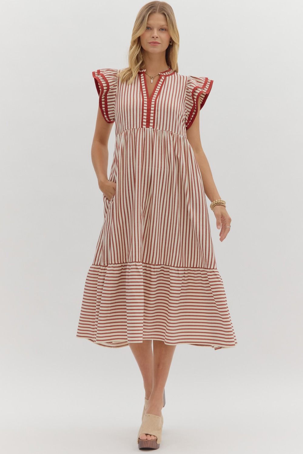 ENTRO INC Women's Dresses Textured Stripe Tiered Ruffle Flutter Sleeve