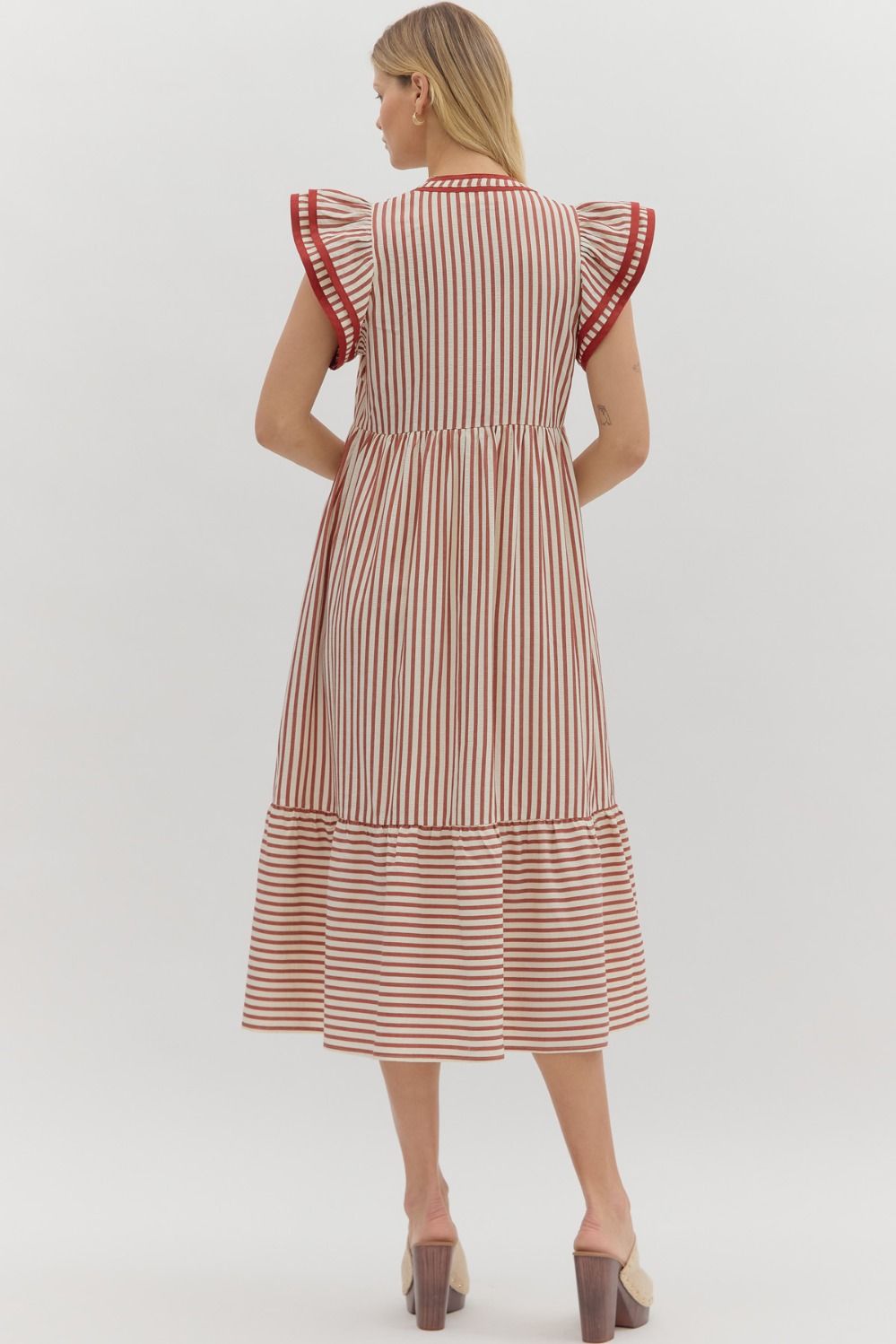 ENTRO INC Women's Dresses Textured Stripe Tiered Ruffle Flutter Sleeve