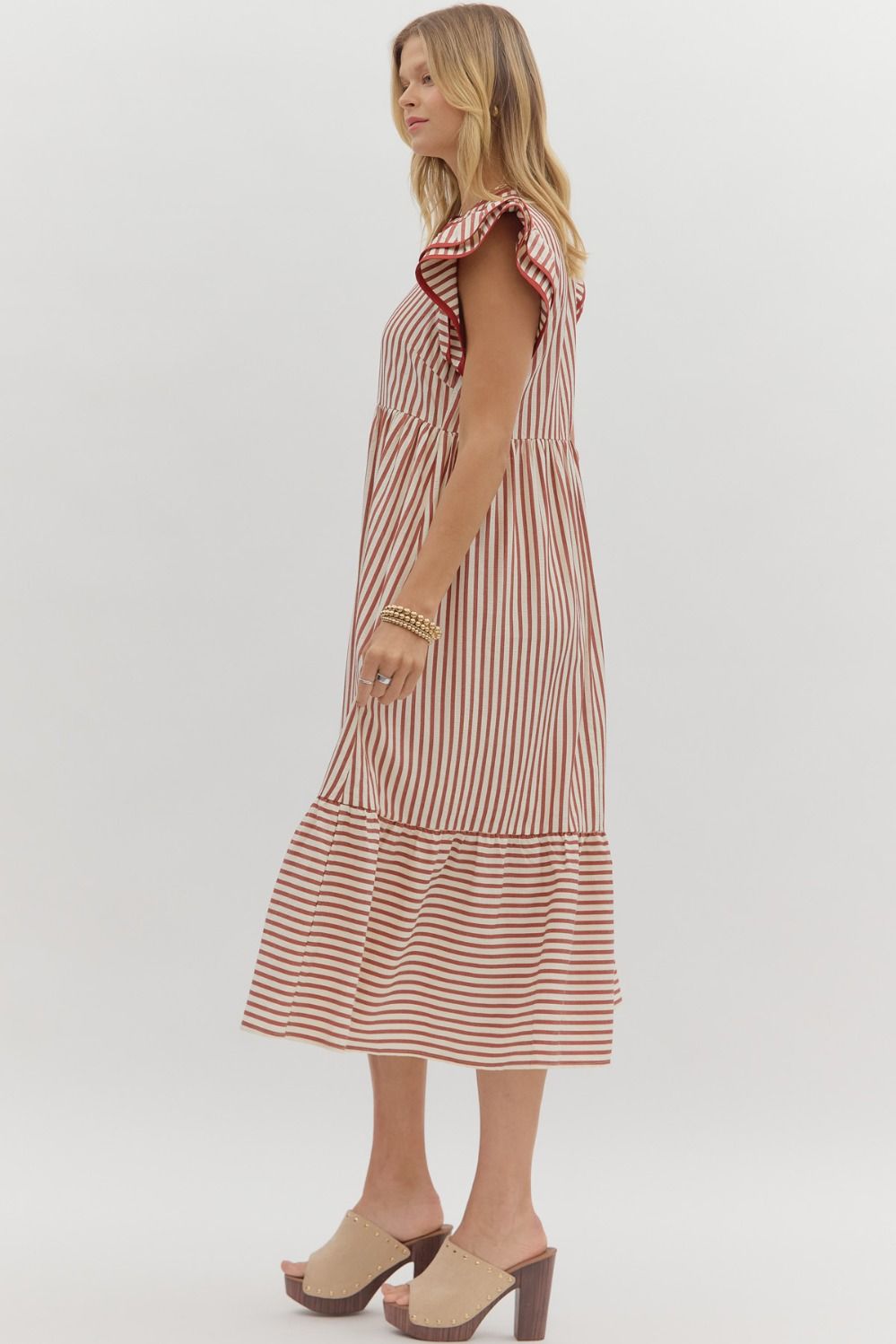 ENTRO INC Women's Dresses Textured Stripe Tiered Ruffle Flutter Sleeve