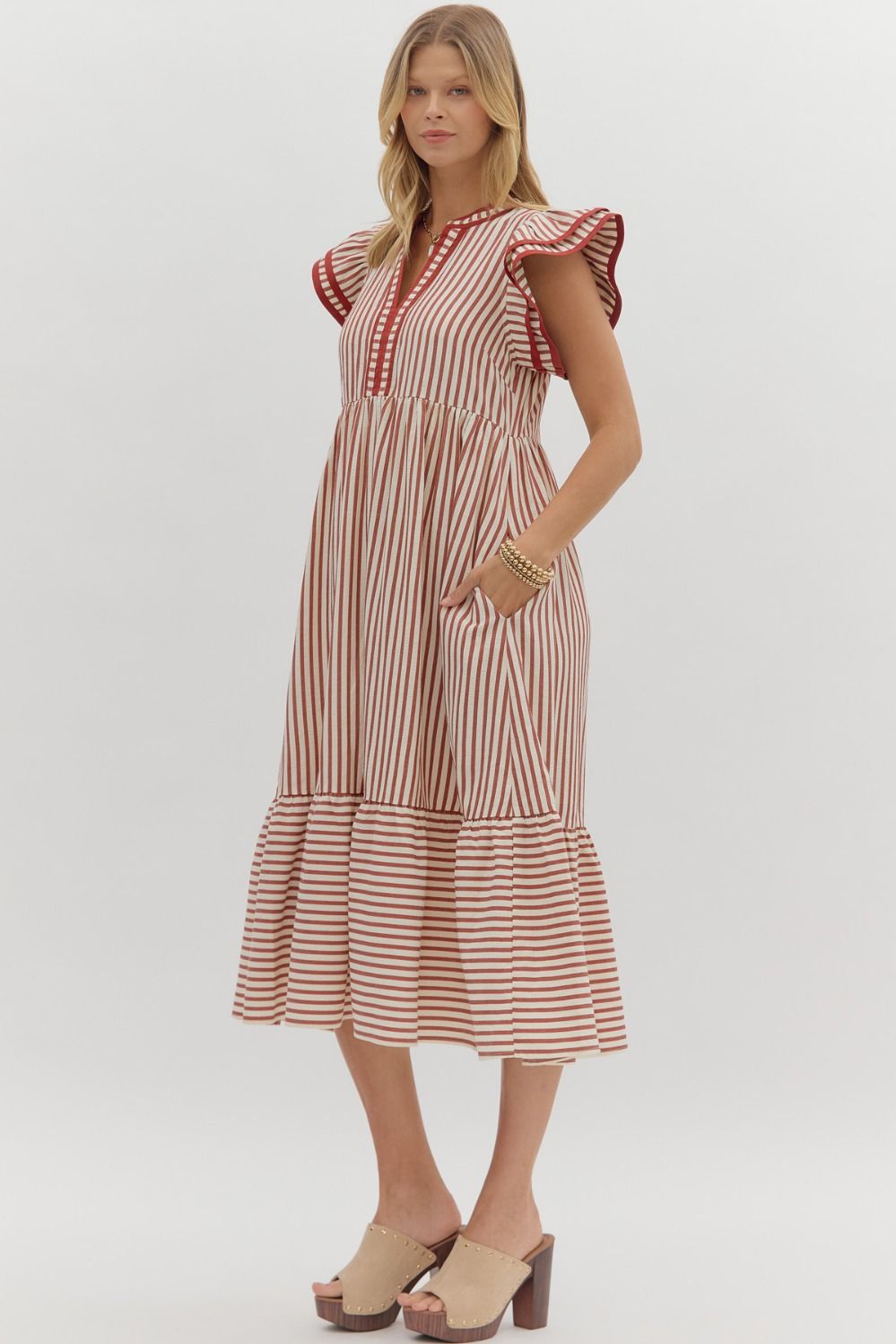 ENTRO INC Women's Dresses Textured Stripe Tiered Ruffle Flutter Sleeve