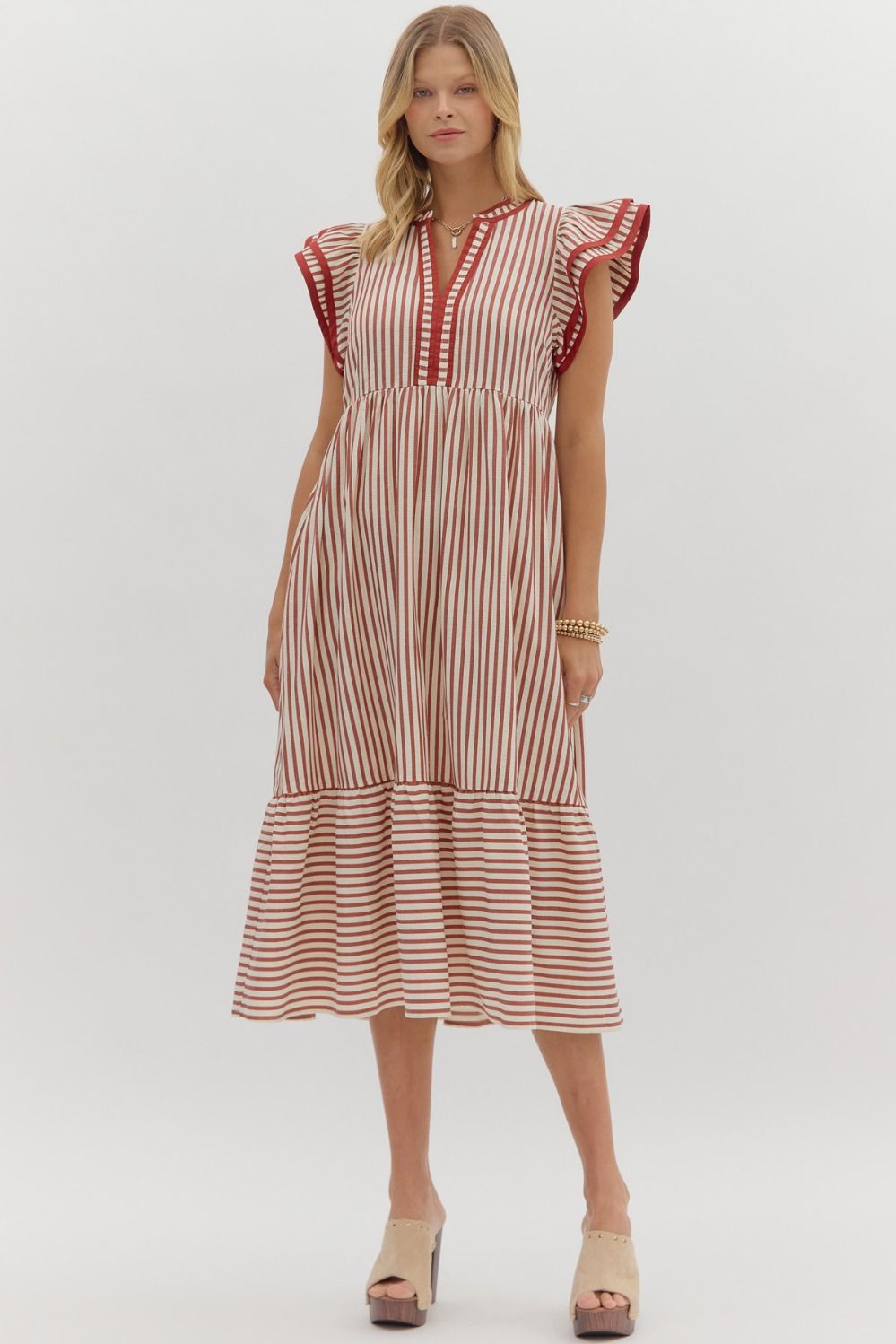 ENTRO INC Women's Dresses Textured Stripe Tiered Ruffle Flutter Sleeve