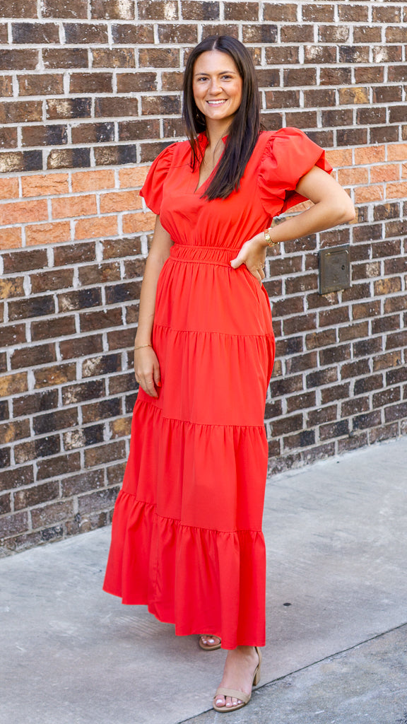 ENTRO INC Women's Dresses V-Neck Bubble Sleeve Tiered Midi Dress || David's Clothing