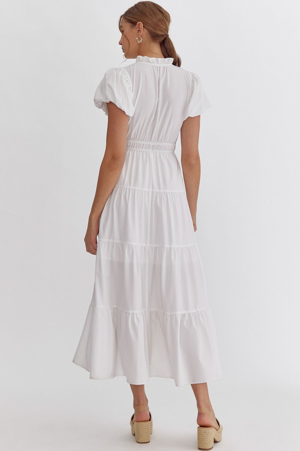 ENTRO INC Women's Dresses V-Neck Bubble Sleeve Tiered Midi Dress || David's Clothing