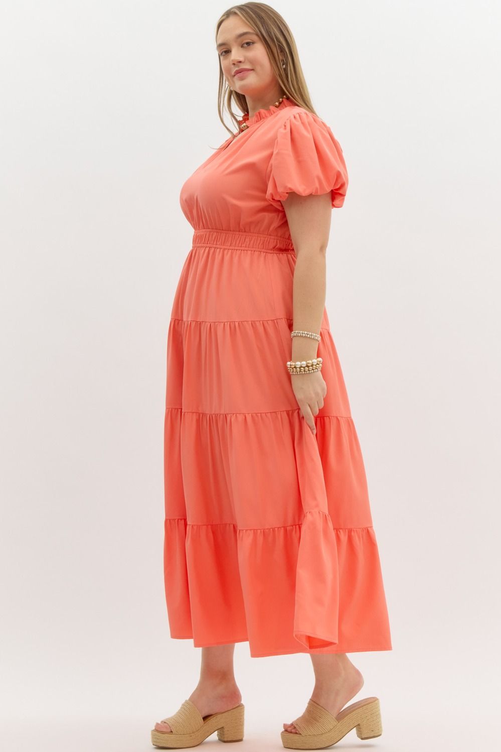 ENTRO INC Women's Dresses V-Neck Bubble Sleeve Tiered Midi Dress Plus Size || David's Clothing