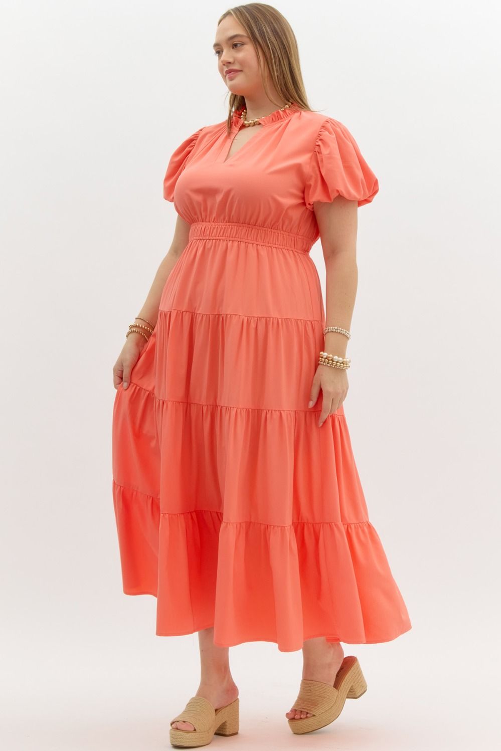 ENTRO INC Women's Dresses V-Neck Bubble Sleeve Tiered Midi Dress Plus Size || David's Clothing