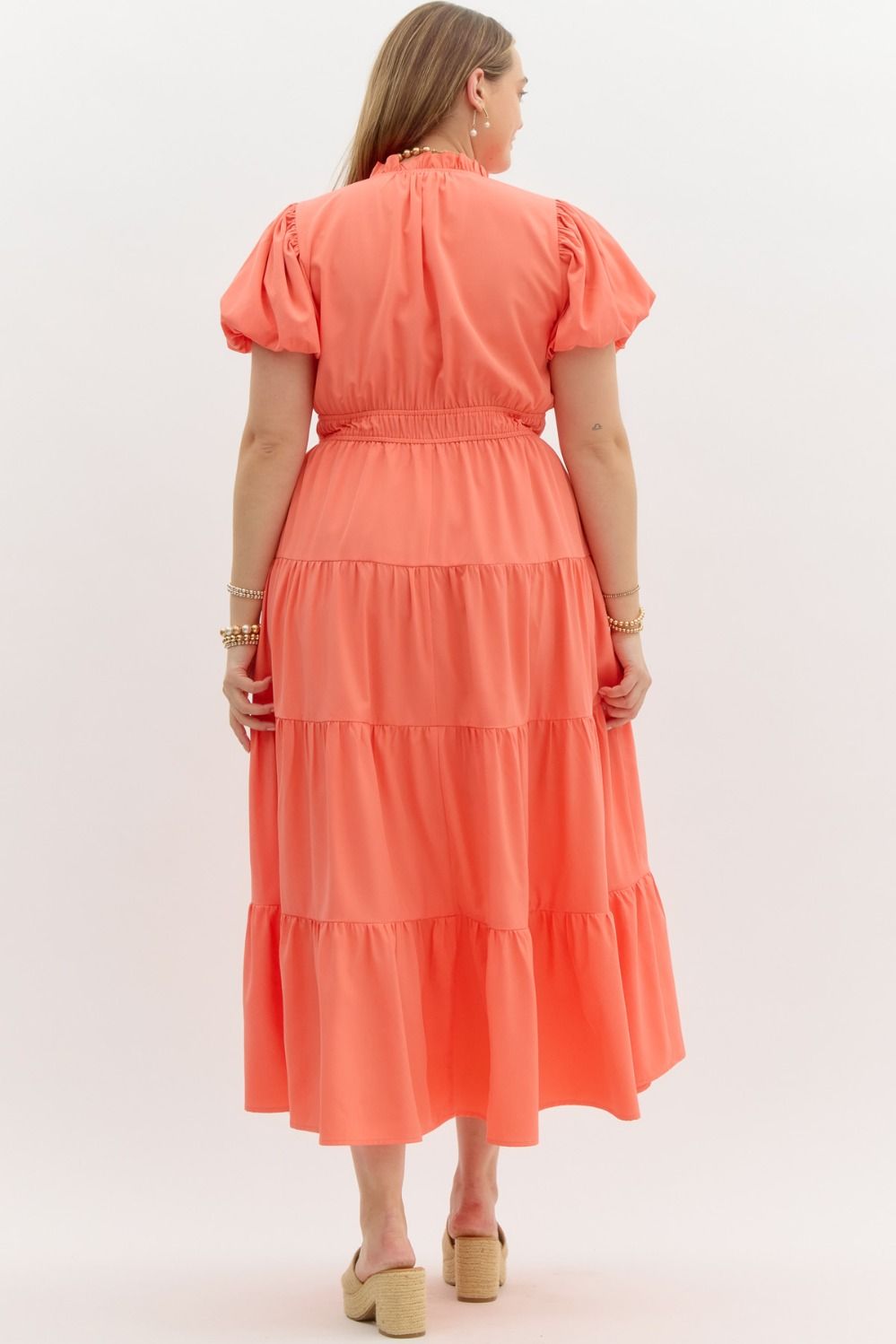 ENTRO INC Women's Dresses V-Neck Bubble Sleeve Tiered Midi Dress Plus Size || David's Clothing