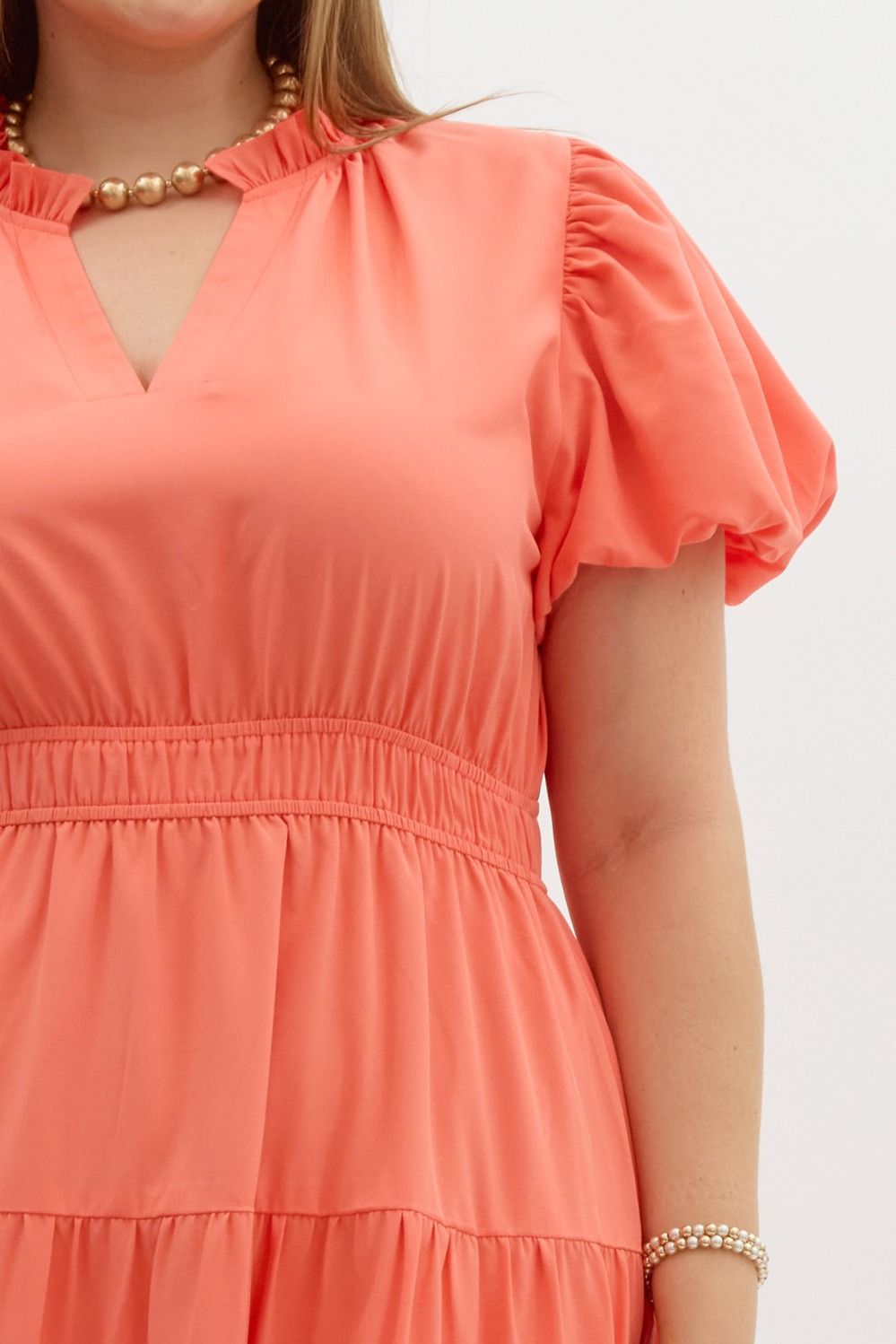 ENTRO INC Women's Dresses V-Neck Bubble Sleeve Tiered Midi Dress Plus Size || David's Clothing